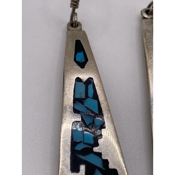 Vintage Mexico Sterling Silver Inlaid Turquoise Large Teardrop Dangle Earrings - Picture 3 of 10